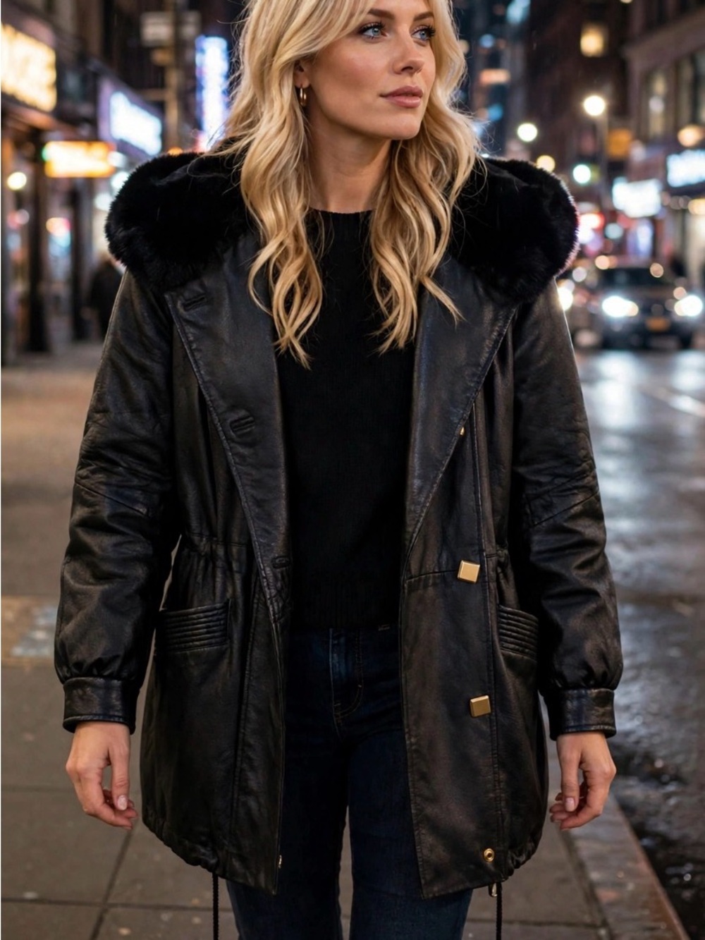 Black Real Leather Coat with Faux Fur Hood